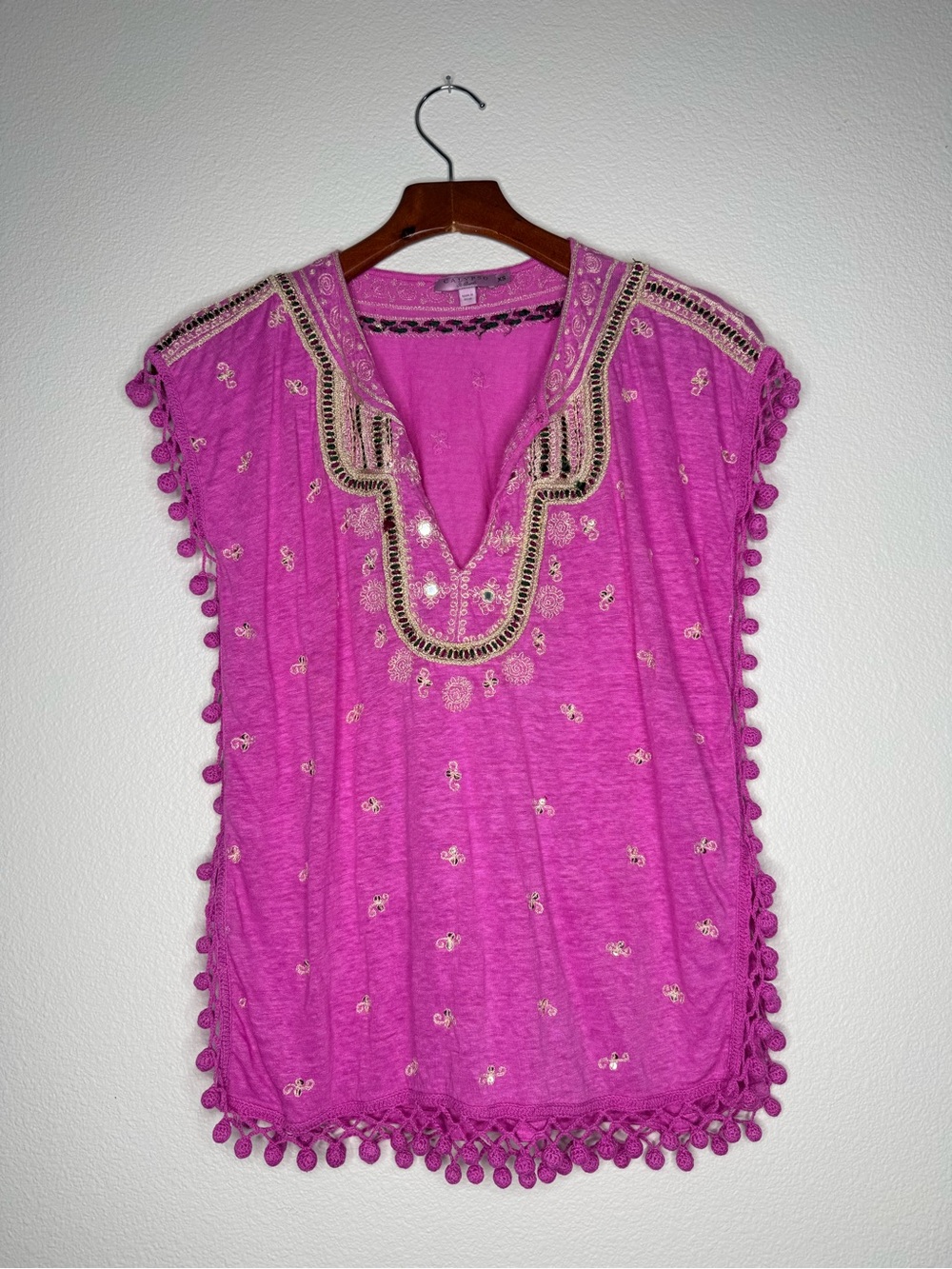 Calypso St. Barth Pink Embroidered Pom-Pom Tunic 100% Linen